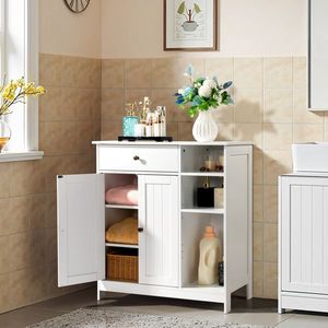 White Double Door Bathroom Cabinet with Adjustable Panels 1 Drawer and 3 <b>Side</b> Shelves Product Category Sideboards - Product Image 3