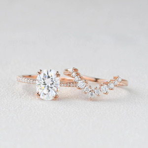 Rose Gold Oval Lab Grown Diamond <b>Crown</b> Bridal <b>Ring</b> Set - Product Image 3