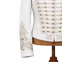 Veste Hussarde Unisexe Blanche 100% Polyester Haute Qualité pour l'Été, Tunique Cérémonielle Napoléonienne avec Broderie Dorée et Perles