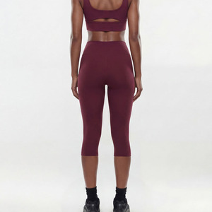 Legging Capri Taille Haute en Spandex et Nylon, Nouveau Design, pour Femme, Couleur Unie, Extensible, pour Yoga et Fitness, Bordeaux, Tricoté - Product Image 4