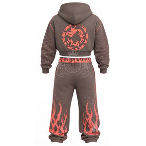 Conjunto Deportivo para Hombre con Estampado de Llamas en Serigrafía, 100% Algodón, Cremallera Completa, 450 Gsm, Sudadera Corta con Capucha, Pantalones Jogger, Corte Holgado Informal - Product Image 2