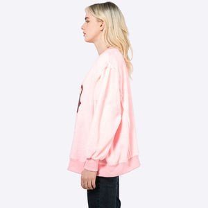 Sweat-shirt rose surdimensionné en fausse fourrure avec logo sur le devant, manches longues, col rond, haut décontracté pour femmes - Product Image 1