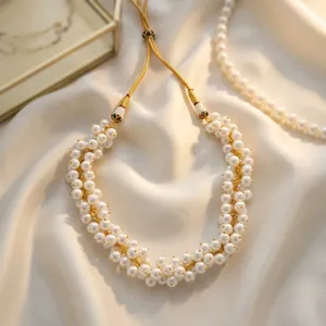 Collier ras du cou en perles blanches de 8 mm avec chaîne Sarafa plaquée or, bijoux de mariage indiens pour femmes, ensemble de mode traditionnel - Product Image 3