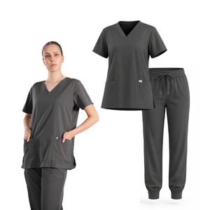 Conjunto de Uniforme Médico para Mujer, Color Gris Oscuro, Top con Cuello en V y Bolsillos, Pantalones Tipo Jogger, Tela Tejida de Algodón y Poliéster - Product Image 1