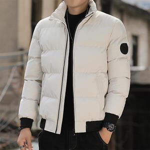 Men's Winter Puffer Jacket Stand Collar Zipper Closure Solid Color Thick Polyester Wadding Casual Style Patch Design Left Sleeve - Product Image 4