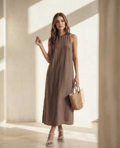 Vestido Maxi de Lino 100% para Mujer, Transpirable, Sencillo, con Corte Acampanado, Sin Mangas, con Tirantes Ajustables, Corte Regular, Estilo Casual de Verano, Fluido, Ideal para Vacaciones, Natural y Dulce - Product Image 2