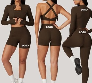 Nuevo Conjunto de Yoga Sin Costuras para Mujer: Top Halter con Cuello en V y Espalda Cruzada, Sujetador Deportivo con Aberturas, Shorts y Ropa de Gimnasio para Entrenar que Realza la Figura - Product Image 3