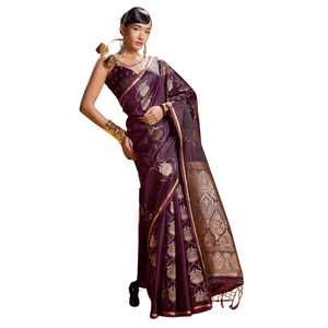 Sari de satén puro tejido a mano con borde de zari dorado |   Sari Étnico de Lujo para Mujer, Ideal para Bodas y Fiestas Tradicionales - Product Image 1