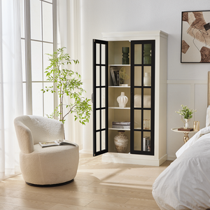 Armario despensero independiente estilo rústico 71.2 con puerta de cristal, vitrina con ventana de celosía y armarios para vajilla - Product Image 5