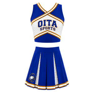 Ensemble uniforme de cheerleading bleu roi et or blanc, haut court et jupe plissée, sans manches, col en V, tenue de performance pour équipe sportive - Product Image 1