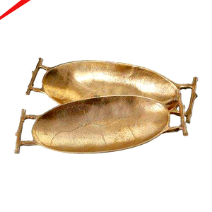 Classic Gold Color Food Platter and Tray Oval Shaped Food Serving Tray With Strong 2 Handle For Hotel and Resorts - Product Image 1