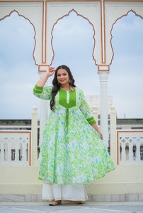 Cotton Viscose Tie And <b>Dye</b> Anarkali Kurta Women's Plus Size Round Neck Three Quarter Sleeves Flared Fit Casual Wear Green - Product Image 6