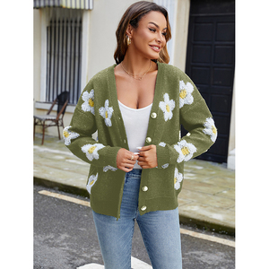 Women's Floral Knit <b>Cardigan</b> V-Neck Full Sleeve Casual <b>Spring</b> Wear 100% Acrylic Anti-Pilling Hand Knitted Single Breasted - Product Image 2