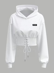 Sudadera Corta con Capucha para Mujer, Color Sólido, Elegante, Blanca, Manga Larga, con Cordones Delanteros, Estilo Casual, Tejido de Algodón para Otoño - Product Image 3