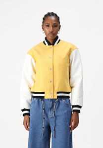 Veste universitaire jaune et blanche à blocs de couleur, coupe classique, col rabattu, fermeture boutonnée, unisexe, décontractée, pour l'automne - Product Image 5
