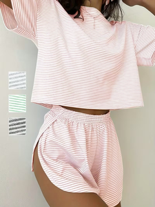 Women Striped Summer Casual Daily Wear 2 Piece Pajama Set Short Sleeve Crew Neck Tee Side Split Shorts for Wear - Product Image 1