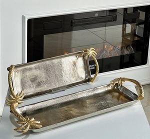 Plateau en métal doré pour cadeaux de chocolat, vente directe usine, avec poignée en bois, design martelé - Product Image 5