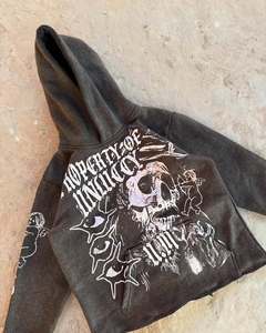 High Quality Custom Logo Screen Print Acid Wash Raw Hem Hooded Streetwear Cropped Cut Edge Men Zipper Hoodie - Product Image 1