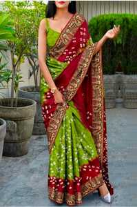 Sari Bandhani Hecho a Mano, Sari Bandhej de Seda Pura, Sari Étnico Tradicional para Bodas en India - Product Image 2