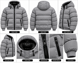 Chaqueta Acolchada Gris Personalizada con Capucha y Cremallera Negra, Fabricante de Chaquetas de Invierno al Por Mayor - Product Image 6