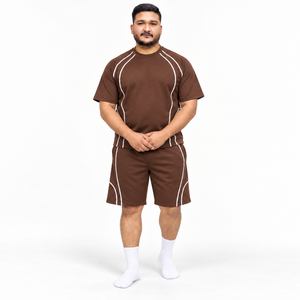 Conjunto de Camiseta y Pantalones Cortos para Hombre al por Mayor, con Paneles en Contraste y Ribetes, Corte Holgado, Cuello Redondo, Verano, Dos Piezas, Logotipo Personalizado, Marca Privada, OEM - Product Image 5