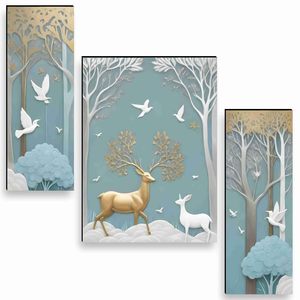 Ensemble de sculptures murales rondes en métal géométrique moderne avec des cerfs et des oiseaux en tons or et blanc pour la décoration du salon - Product Image 1