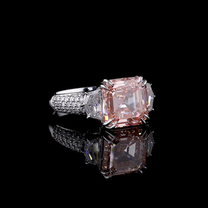 Luxury Fancy Vivid Pink Square Emerald Cut 14K Gold Lab Grown Diamond Ring with Moon Cut Side Diamonds for Wedding & Anniversary - Product Image 1