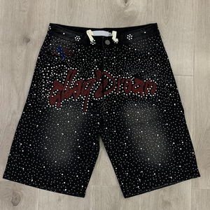 Men's Black <b>Sequined</b> Bermuda <b>Shorts</b> With Rhinestone Dot Pattern And Front Logo Street Style Mid Waist Button Fly - Product Image 1