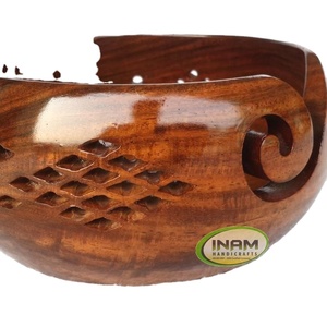 Designer and Fashionable Sheesham Wood Crafted Wooden Yarn Storage Bowl With Carved Holes & <b>Drills</b>, Knitting Crochet Accessories - Product Image 3