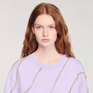 Camiseta Corta Lavanda para Mujer, Cuello Redondo, Manga Corta, Corte Holgado, Color Sólido, Bordado de Cadena, Estilo Oversize, para Primavera/Verano - Product Image 5