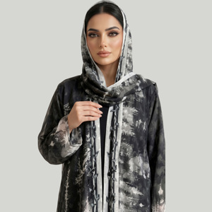 Ensemble Abaya ouverte en tissu jacquard Premium Chicago Butti, couleur unie, grande taille, en polyester, avec hijab assorti, style islamique modeste - Product Image 6