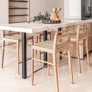 Tabouret de bar en teck avec tressage en fibres naturelles, écologique, résistant à l'eau, durable, directement de l'usine, assise de bar minimaliste - Product Image 2