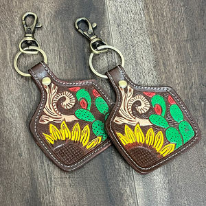 2026 Handmade Tooled Leather Cowhide Keychain Sunflower Cactus Western <b>Key</b> Fob Rustic Floral Car <b>Key</b> Holder Gift for Women Men - Product Image 5