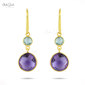 Natural 10MM Round Checker Cut Light Amethyst Danglers Designed in 925 Sterling <b>Silver</b> with Sky Blue Topaz Gemstone <b>Earrings</b> - Product Image 1