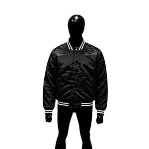 Blouson universitaire noir en satin personnalisé, blouson bomber de baseball brillant de qualité supérieure pour hommes, femmes et unisexe, style universitaire classique avec col montant - Product Image 1
