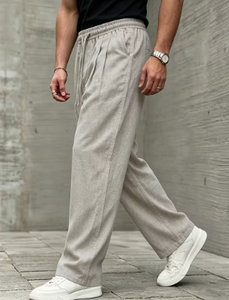 Pantalon large décontracté pour homme KLTW INT'L en lin et coton gris clair, taille élastique avec cordon de serrage, respirant et léger pour l'été - Product Image 4