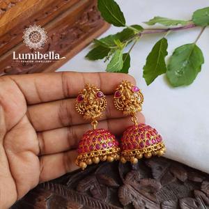 Ruby Jhumka 24K Gold Plated Pearl Drop Charm Earrings-Ethnic Religious Trendy Jewelry - Product Image 1