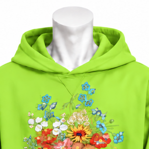 Sweat-shirt à capuche vert citron avec broderie florale multicolore, poche kangourou, coupe ample, style streetwear décontracté - Product Image 3