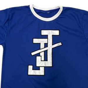 Camiseta Ringer Azul Rey para Hombre con Cuello y Mangas en Contraste Blanco, Logotipo Bordado en Chenille Personalizado, Algodón, Suministro al por Mayor OEM - Product Image 2
