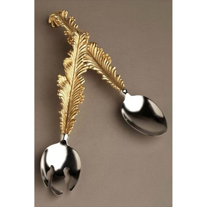Argent miroir poli avec métal décoratif plaqué or grande plume poignée couteau cuillères et fourchette ensemble de couverts - Product Image 2