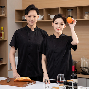 Unisex White Blue <b>Black</b> Cotton Chef Uniforms Short-Sleeved Top Chef Attire Restaurant & Bar Kitchen Work Wholesale Food <b>Aprons</b> - Product Image 4