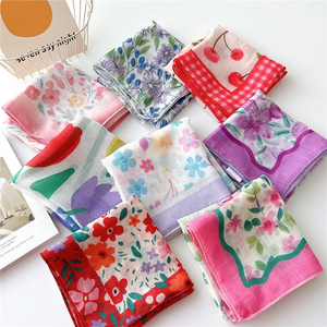 Foulard imprimé floral pour femmes, écharpe carrée coréenne en coton et lin, foulards élégants pour le cou, petits foulards bandana, foulards pour la tête, 58x58 cm - Product Image 3