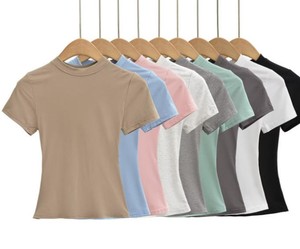 T-shirt de sport pour femme, coupe ajustée, manches courtes, 100% coton tricoté, séchage rapide, anti-rides, anti-boulochage, toutes saisons - Product Image 1