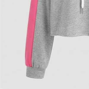 Nueva Sudadera con Capucha de Bloques de Color para Mujer con Logotipo Personalizado, Manga Larga, Estilo Corto, Informal, para Otoño, Gris, Blanco, Rosa, Tejida - Product Image 6