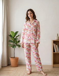 Pink Mushroom Print Cotton Pajama Set for Women Soft Breathable Flock Print Summer Sleepwear Long Sleeve Button-Down <b>PJs</b> - Product Image 4