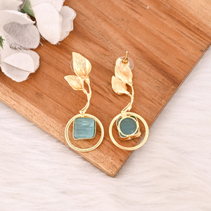 Handmade Gold Plated Green Cat's Eye Gemstone Brass Earrings Trendy Fashion <b>Statement</b> Jewelry for Women - Product Image 5