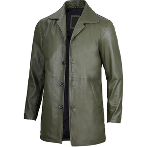 SHARISSA INTERNATIONAL Manteau long en cuir véritable pour homme, col roulé, manches classiques, couleur unie, vert olive, vêtement d'extérieur - Product Image 2