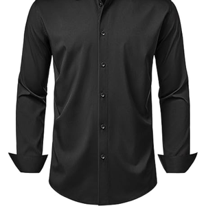เสื้อเชิ้ตผู้ชายแขนยาวแบบยืดได้ เสื้อเชิ้ตทางการสีพื้น เสื้อเชิ้ตธุรกิจลำลองติดกระดุม สำหรับงานแต่งงานและงานพรอม - Product Image 1