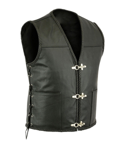 Gilet en jean pour homme en cuir véritable, col en V, style formel, bordure tressée écologique, taille ajustable, coupe classique, vêtement d'extérieur pour l'automne - Product Image 1