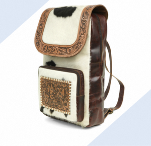Black & <b>White</b> Cowhide Backpack Hand Tooled Genuine Leather cowhide leather backpack black and <b>white</b> with premium design in bulk - Product Image 3